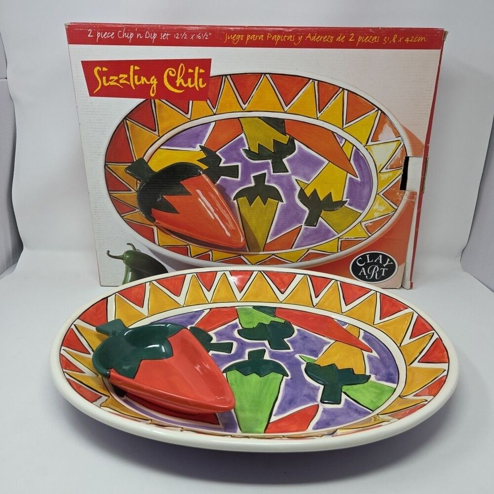 2 Pc Clay Art Sizzling Chili Hand Painted  Ceramic Chip 'N Dip Set 12½" x 16½"